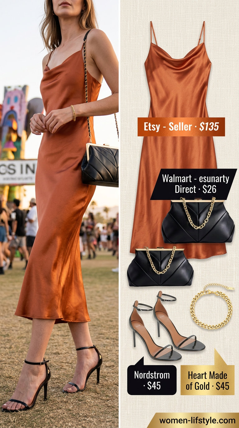 Trendy summer festival outfits for women 2026: Sunset orange slip dress with strappy heels and gold jewelry for an elegant evening look.