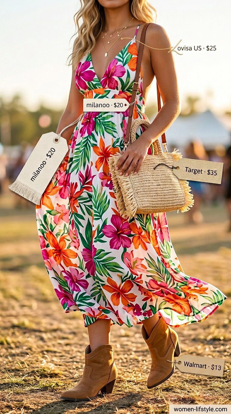 Sunset serenade maxi dress outfit for trendy summer festival 2026: floral maxi dress, suede boots, straw bag.