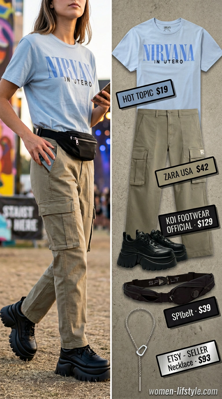 Trendy summer festival outfits for women 2026: Khaki cargo pants, graphic tee, utility belt bag, and chunky sneakers for urban exploration.