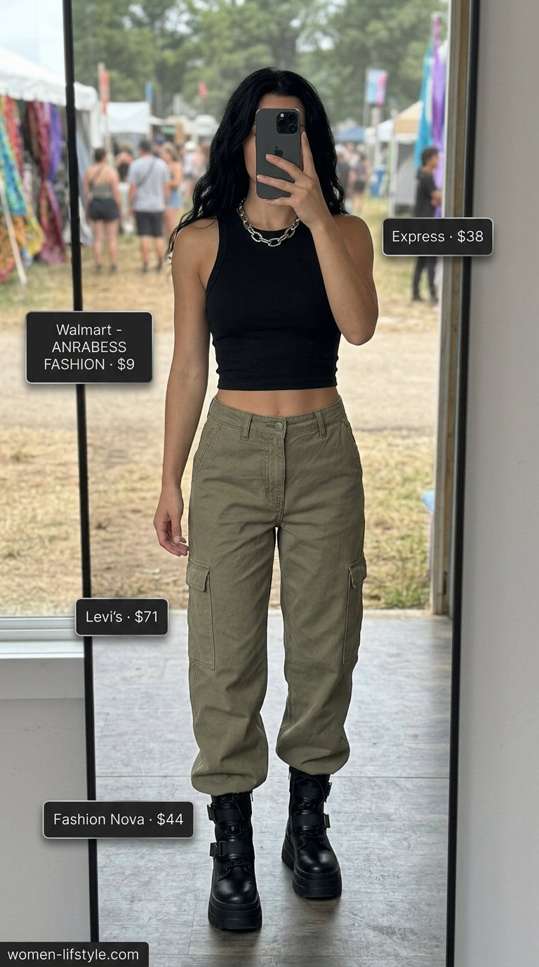 Urban explorer cargo pants outfit for trendy summer festival 2026: khaki cargo pants, black crop top, silver chain.