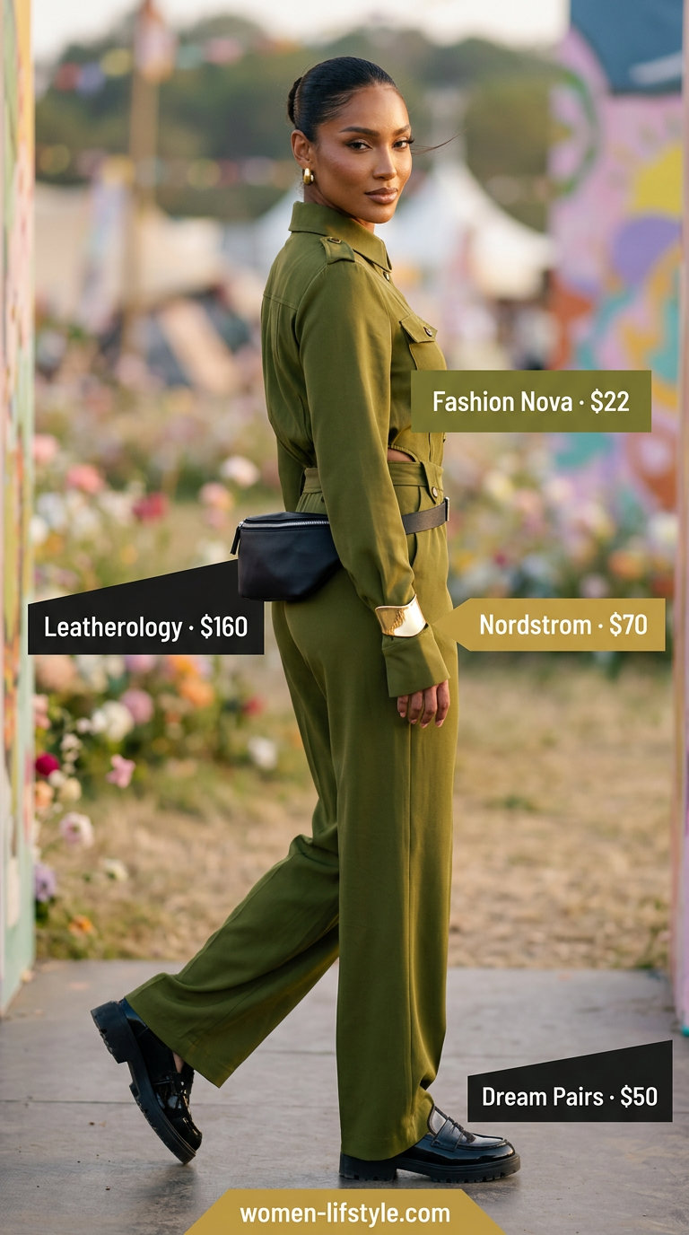 Trendy summer festival outfits for women 2026: Olive green utility jumpsuit, chunky loafers, belt bag, and gold cuff for a modern look.