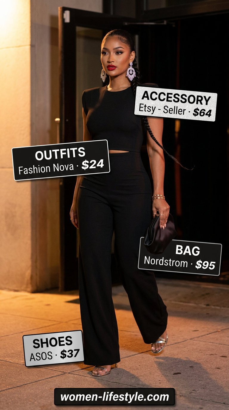 Black wide-leg jumpsuit with silver sandals for trendy summer night out outfits for women 2026. Chic evening look.