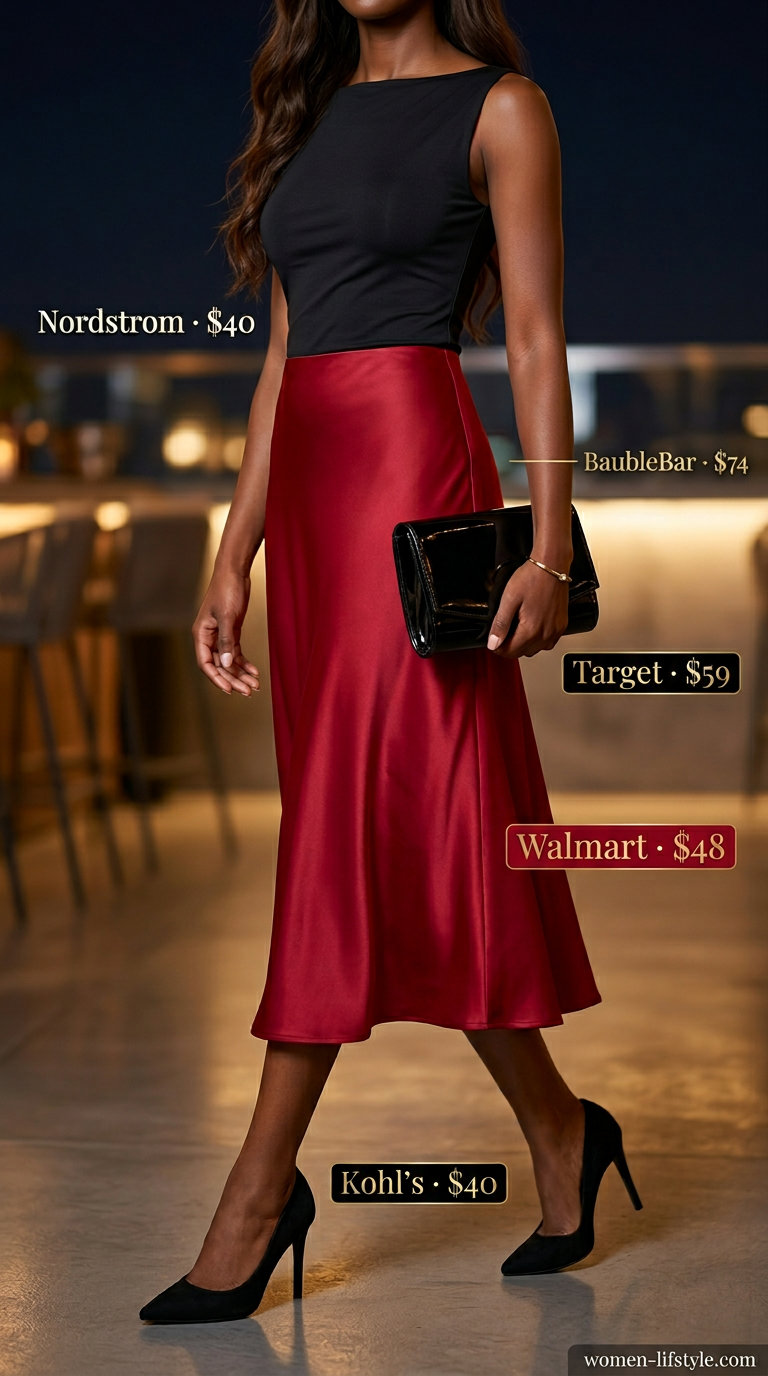 Sophisticated crimson red satin midi skirt with black top & gold accents for trendy summer night out outfits 2026.