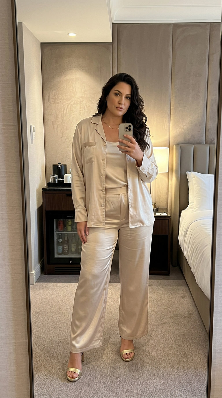 Romantic champagne satin two-piece set with gold sandals for trendy summer night out outfits 2026.