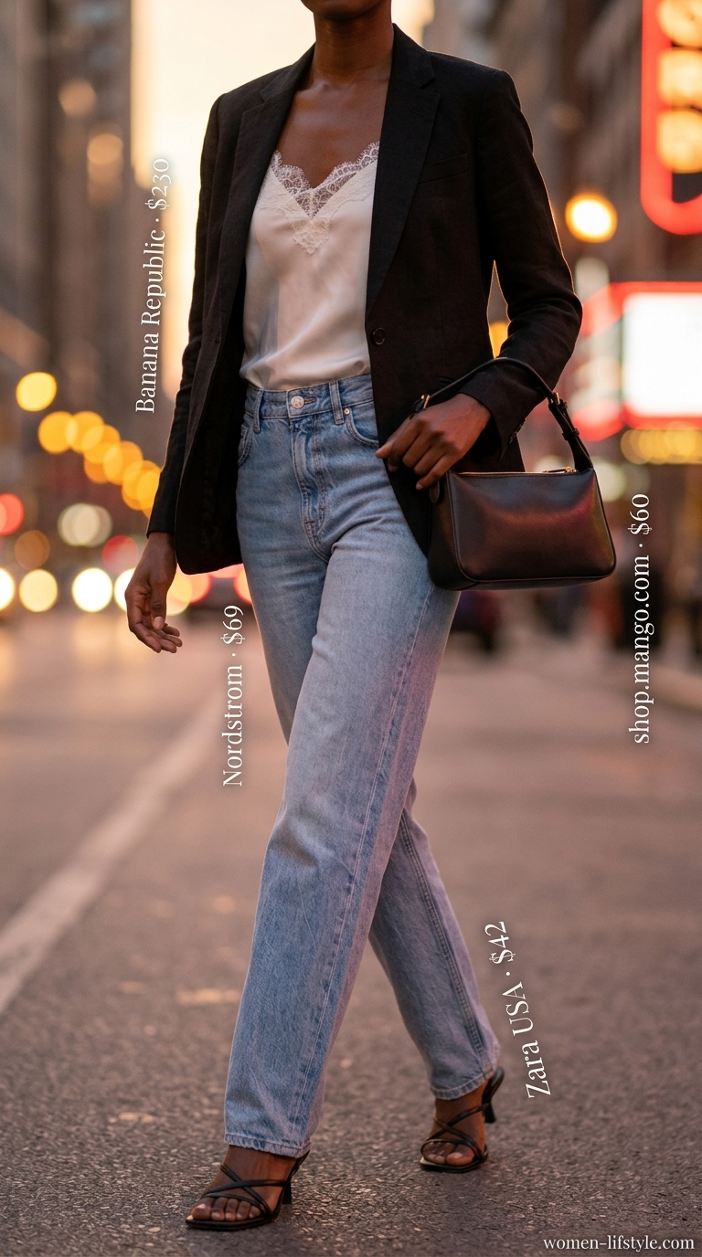 Light wash denim jeans with ivory satin cami and black blazer for trendy summer night out outfits for women 2026.