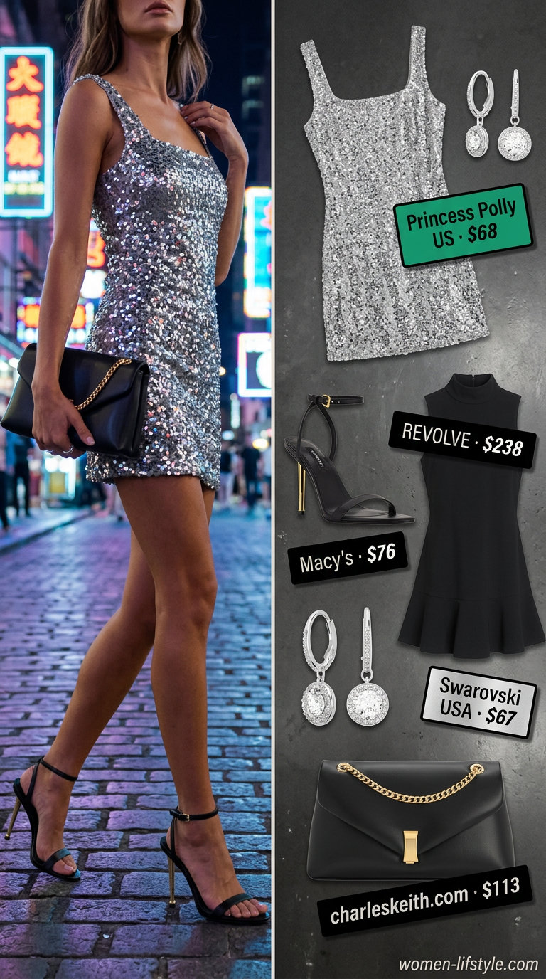Glamorous silver sequin mini dress with black heels & clutch for trendy summer night out outfits 2026.