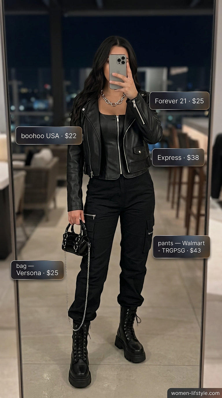 Bold black faux leather pants with corset top & moto jacket for trendy summer night out outfits 2026.