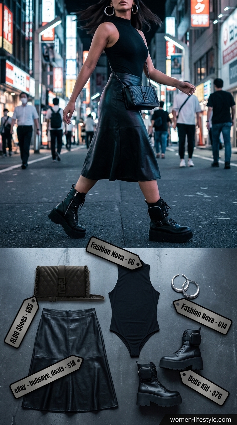 Edgy black faux leather midi skirt with bodysuit & platform boots for trendy summer night out outfits 2026.