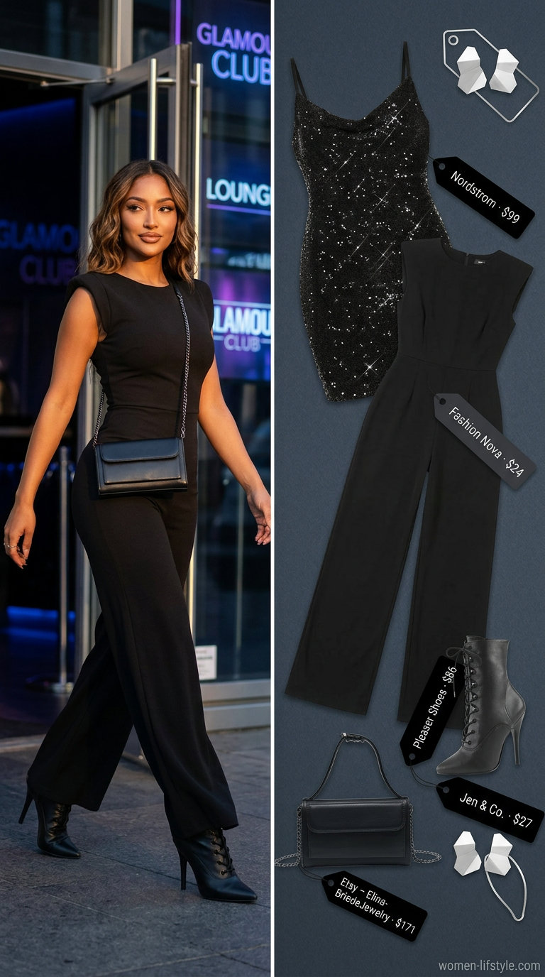 Trendy summer night out outfits for women 2026: Black sequin mini dress, ankle boots, and statement earrings for a glamorous night.