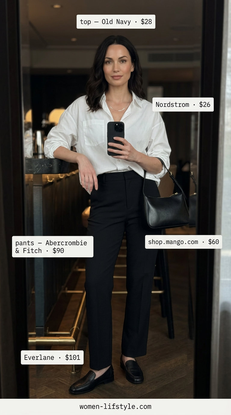 Trendy summer night out outfits for women 2026: White oversized shirt, black trousers, and loafers for a minimalist evening.
