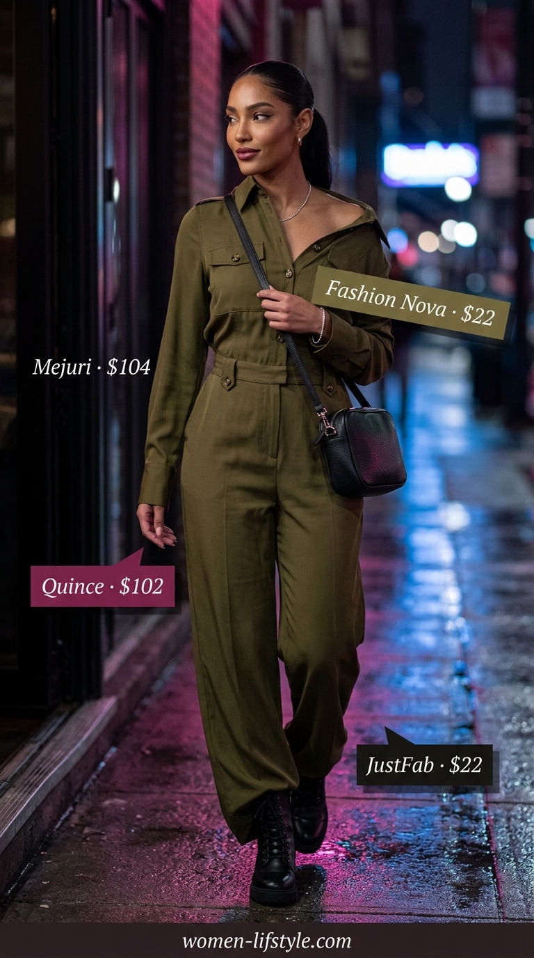 Cool olive green utility jumpsuit with combat boots & crossbody bag for trendy summer night out outfits 2026.