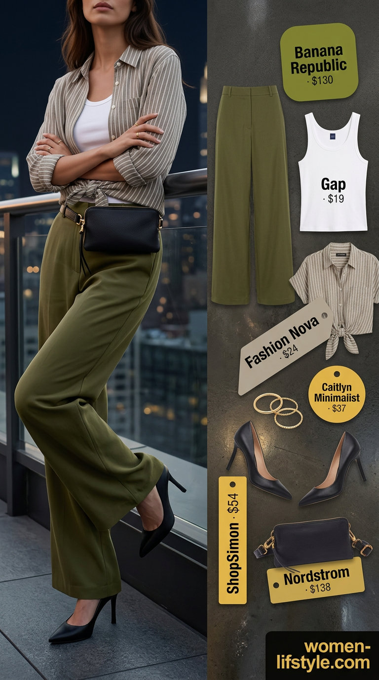 Olive green wide-leg trousers with white tank and black mules for trendy summer night out outfits for women 2026.