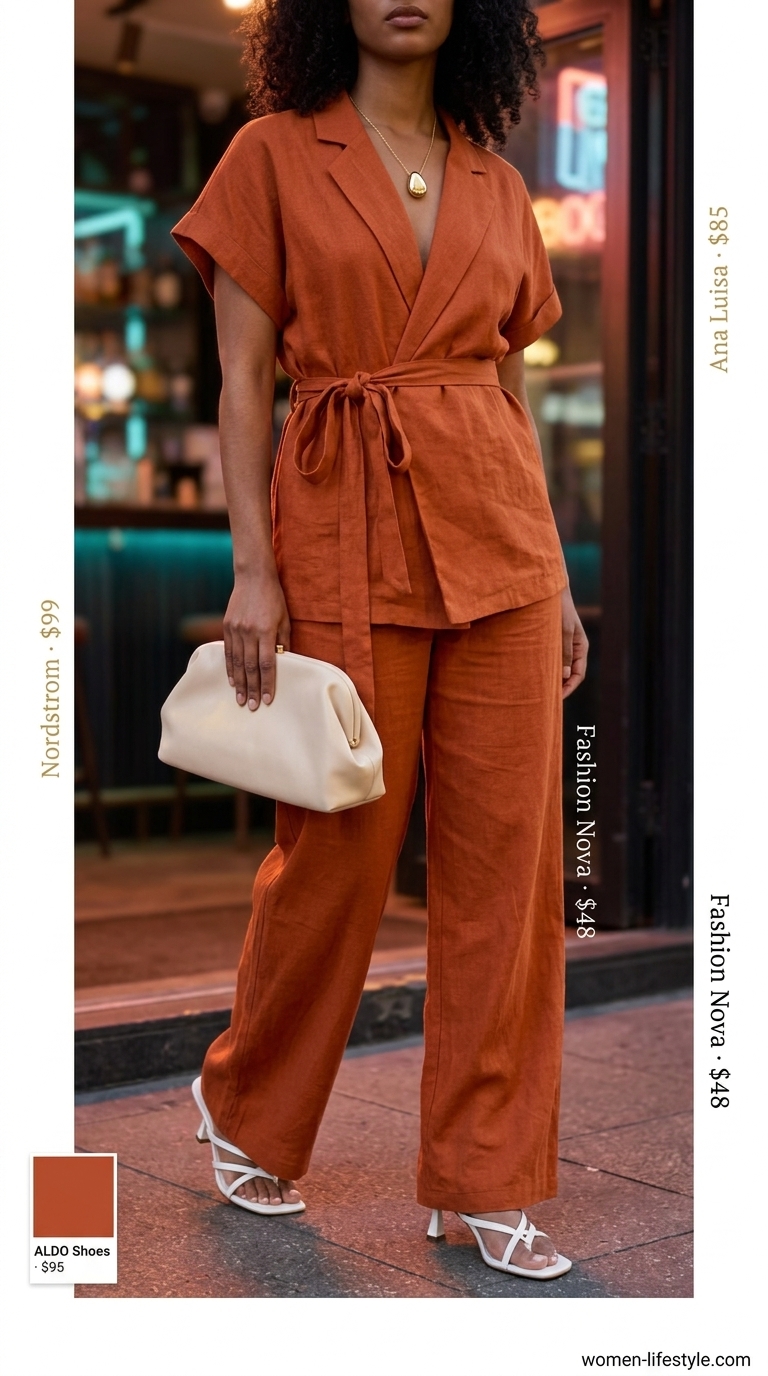Trendy summer night out outfits for women 2026: Rust orange linen set, cream mules, and clutch for a chic dinner look.