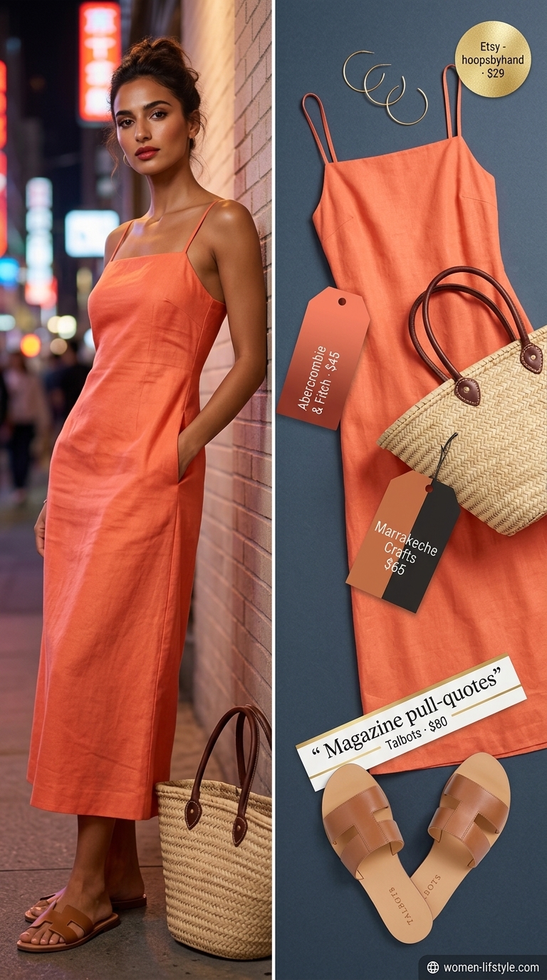 Trendy summer night out outfits for women 2026: Orange linen sundress, straw tote, and leather slides for a relaxed evening.