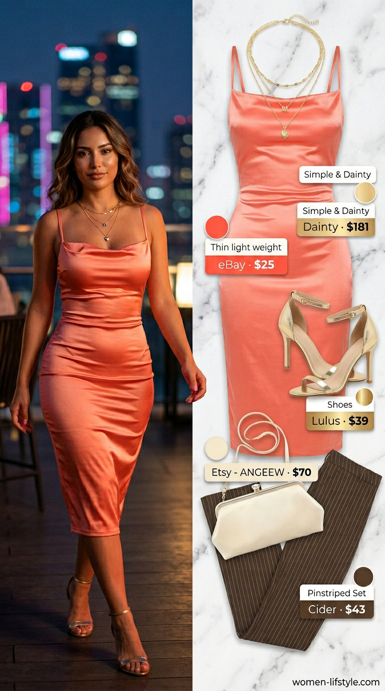 Trendy summer night out outfits for women 2026: Coral slip dress, gold necklaces, metallic sandals, and clutch for a romantic date.