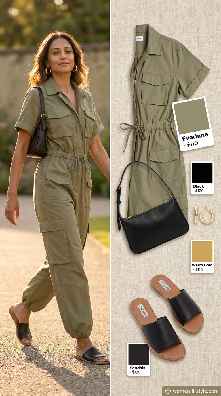Trendy summer outfit for women over 40 2026: Khaki utility jumpsuit, chunky sandals, black bag, gold hoops.