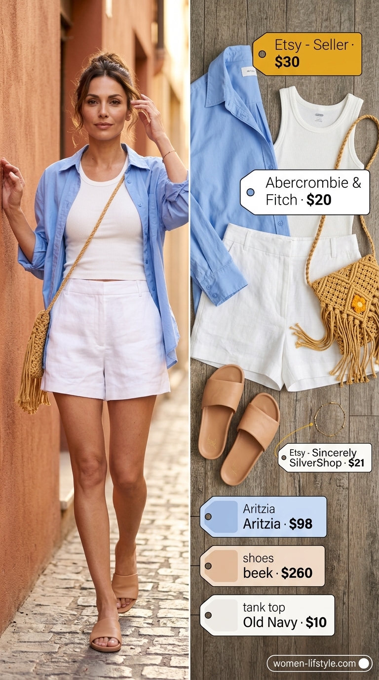 Trendy summer outfit for women over 40 2026: Sky blue shirt, white cami, linen shorts, loafers, straw bag.