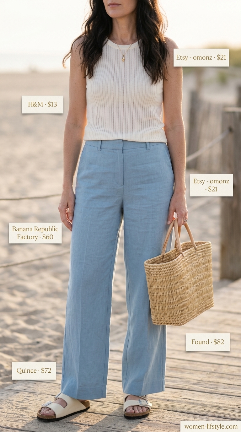 Trendy summer outfit for women over 40 2026: Sky blue linen pants, cream tank, tan sandals, straw tote.