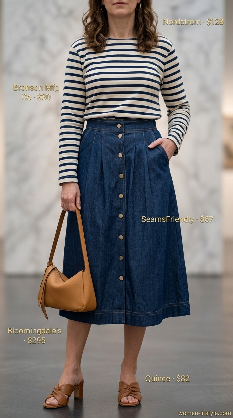 Trendy summer outfit for women over 40 2026: Denim midi skirt, Breton top, leather mules for gallery visit.