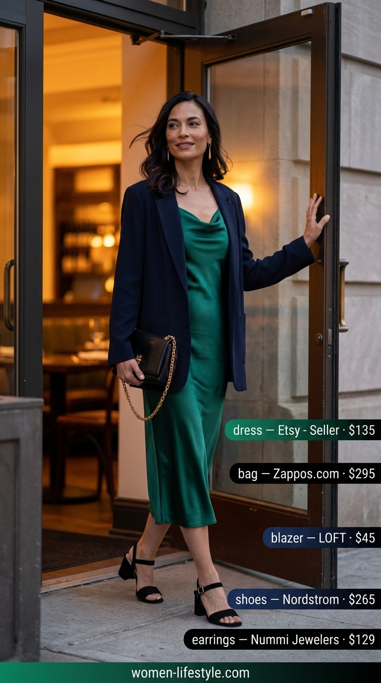 Trendy summer outfit for women over 40 2026: Emerald green slip dress, black blazer, strappy heels for date night.