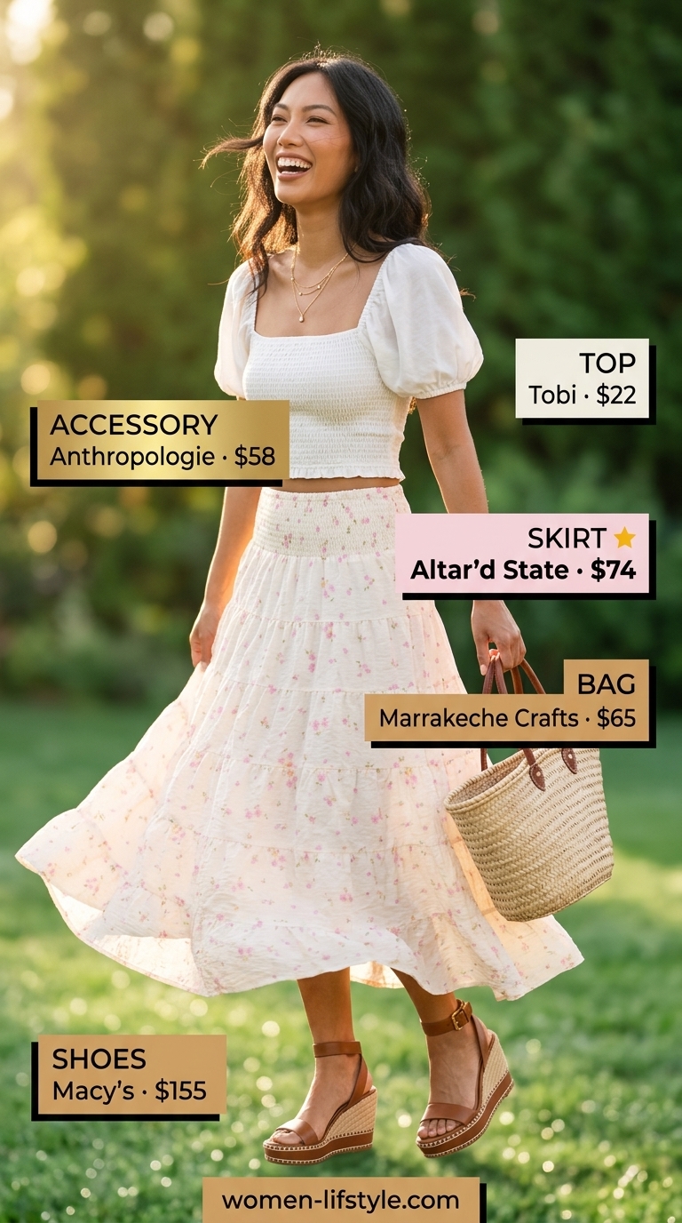 Trendy summer outfit for women over 40 2026: Pink floral skirt, ivory crop top, straw bag for garden party.