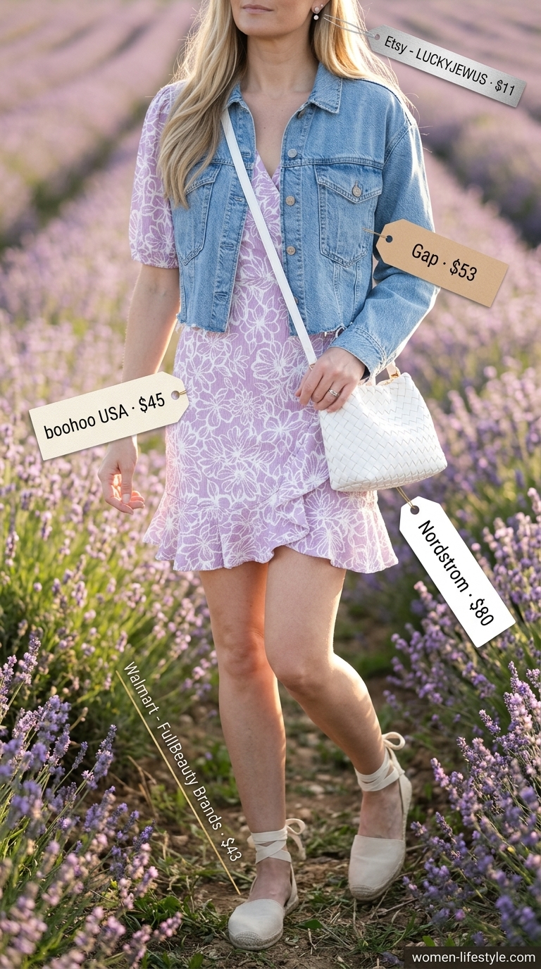Trendy summer outfit for women over 40 2026: Lavender floral dress, denim jacket, espadrilles for a picnic.
