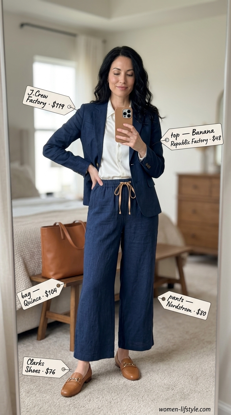 Trendy summer outfit for women over 40 2026: Navy linen pants, white blouse, tan loafers, navy blazer.