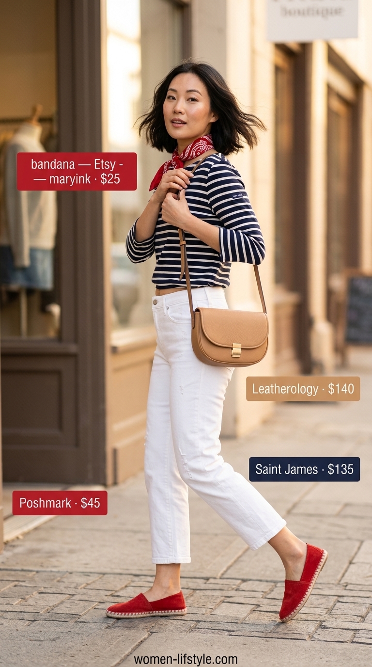 Trendy summer outfit for women over 40 2026: Breton top, white jeans, red bandana for Riviera weekend.