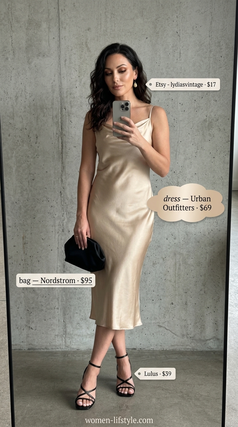 Trendy summer outfit for women over 40 2026: Champagne slip dress, black heels, bronze earrings, black clutch.