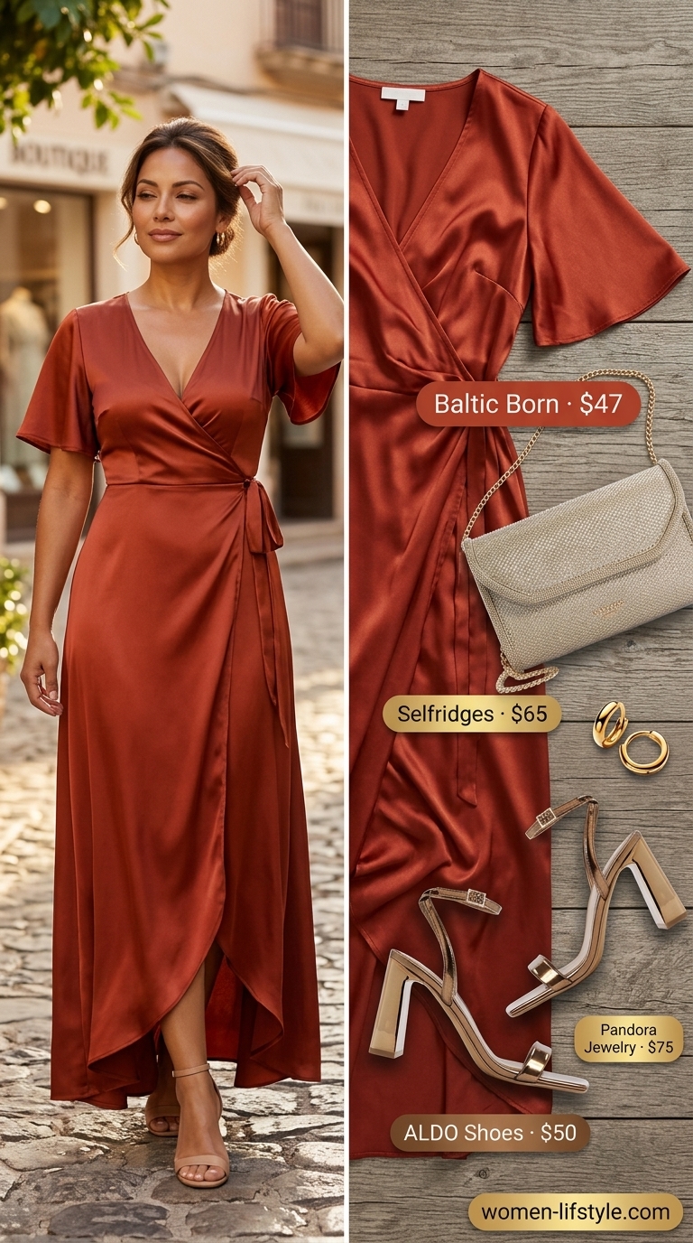 Trendy summer outfit for women over 40 2026: Terracotta wrap dress, espadrilles, gold jewelry, woven clutch.