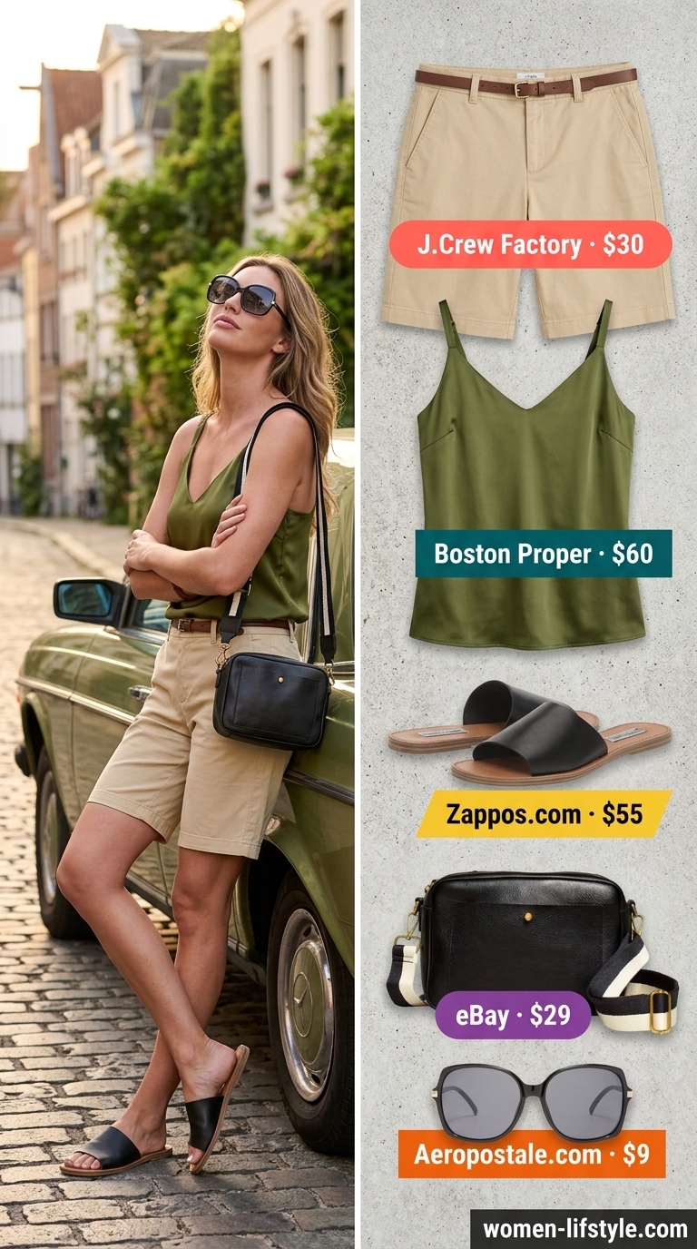 Trendy summer outfit for women over 40 2026: Khaki shorts, olive green silk blouse, black slides & sunglasses for city sightseeing.