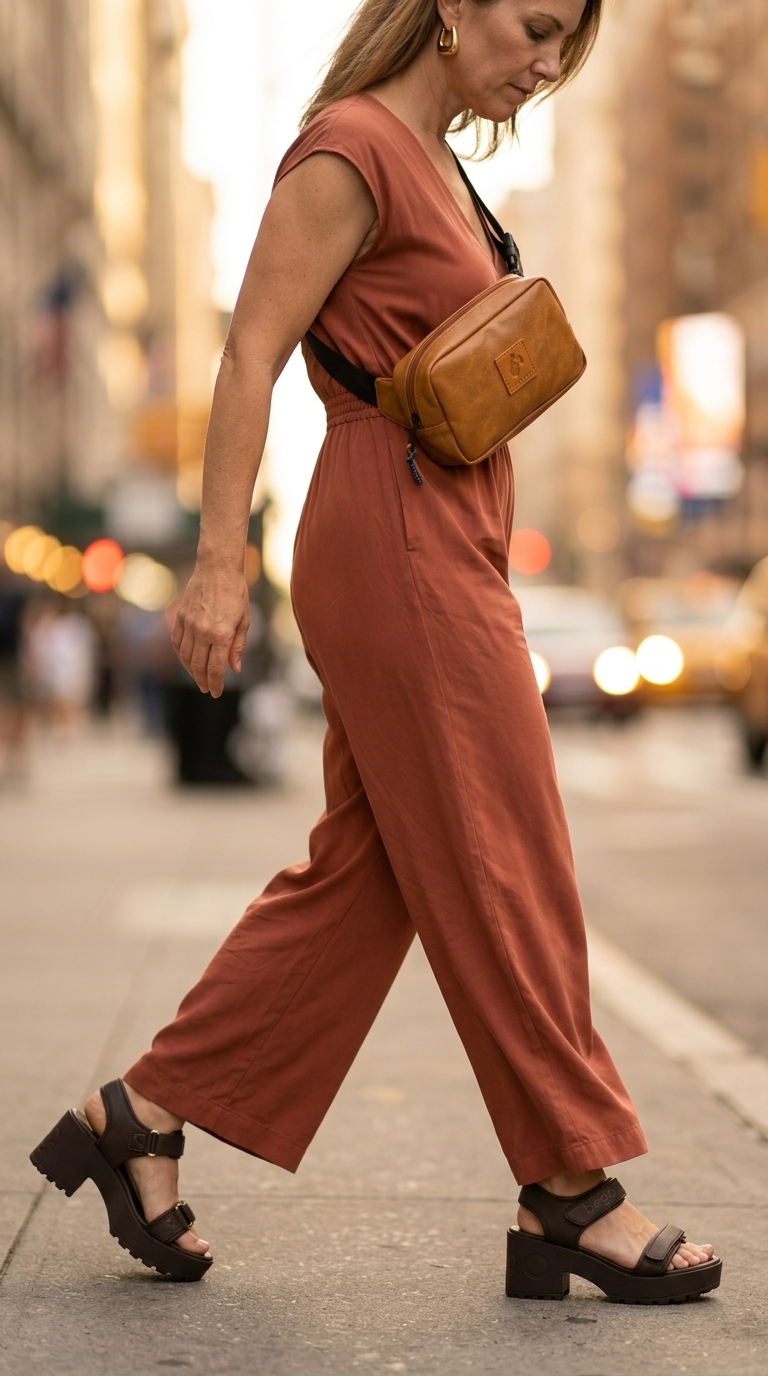 Trendy summer outfit for women over 40 2026: Terracotta utility jumpsuit, chunky sandals, belt bag, gold hoops.