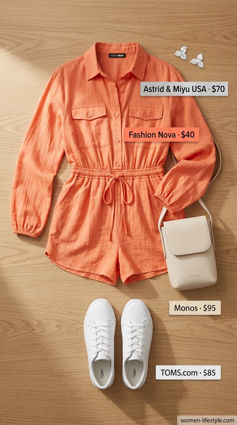 Trendy summer outfit for women over 40 2026: Coral romper, white sneakers, gold necklaces, crossbody bag.