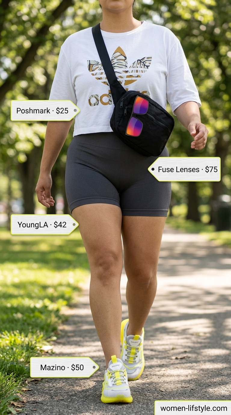 Athleisure Street Style outfit with a white graphic tee, grey biker shorts, and neon yellow accents. Trendy summer tops outfit for women 2026.