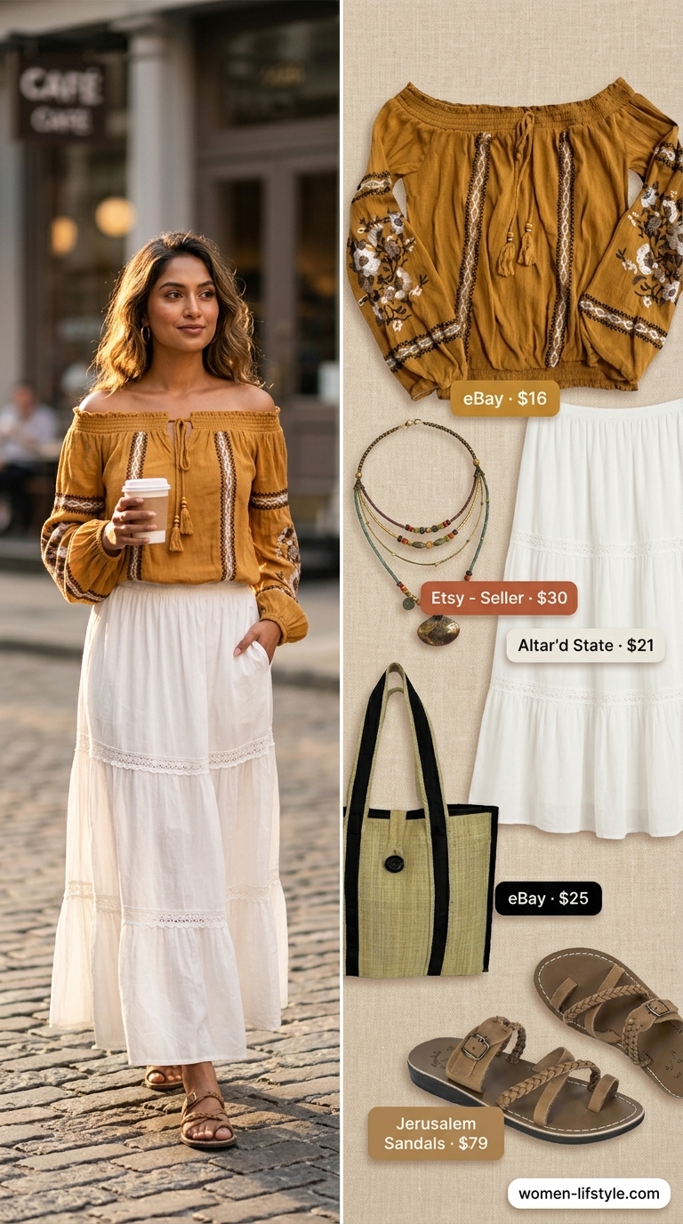 Trendy summer tops outfit for women 2026: Terracotta smocked peasant top with cream maxi skirt for a boho festival vibe.