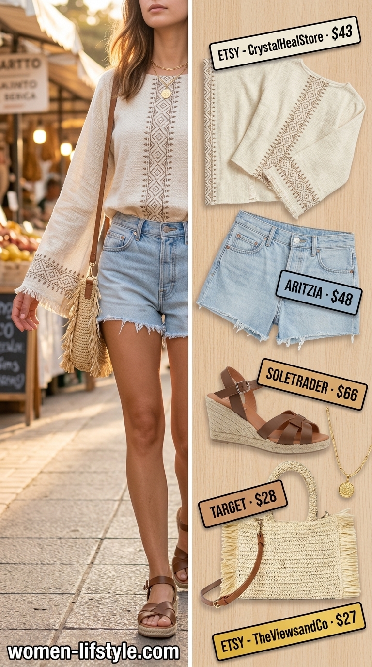 Boho Breeze Market Day outfit with a cream peasant blouse and denim shorts. Trendy summer tops outfit for women 2026.