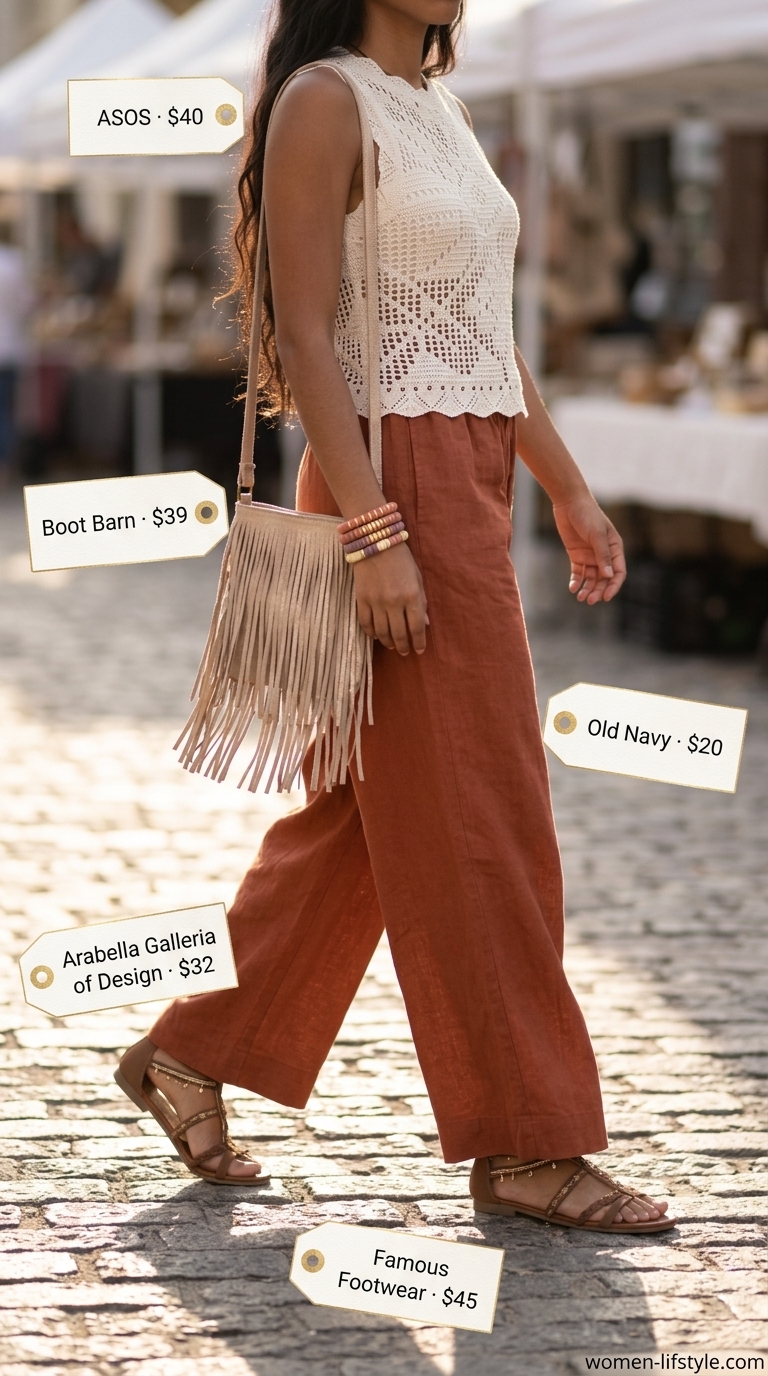 Trendy summer tops outfit for women 2026: Crochet knit tank top with wide-leg linen pants, fringe bag, and gladiator sandals.