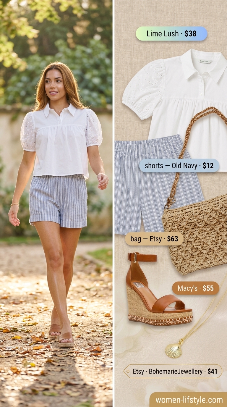 Trendy summer tops outfit for women 2026: White eyelet crop top with sky blue linen shorts, raffia bag, and espadrille wedges.