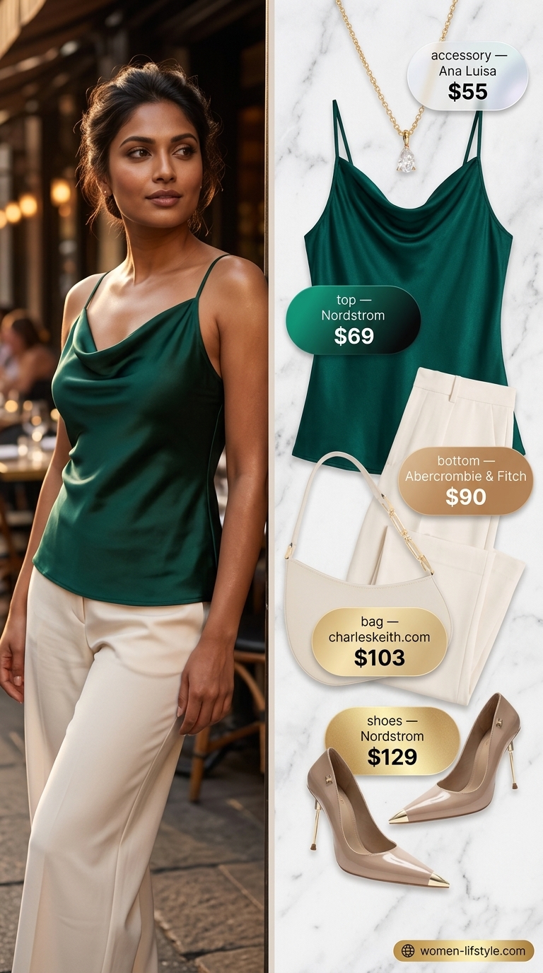 Trendy summer tops outfit for women 2026: Emerald green cowl neck camisole with cream wide-leg trousers for date night.