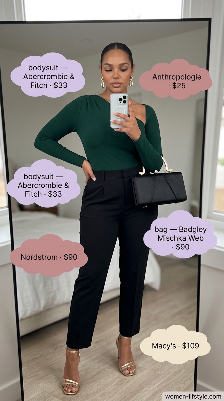 Trendy summer tops outfit for women 2026: Emerald green one-shoulder top with black pants for a glamorous cocktail event.
