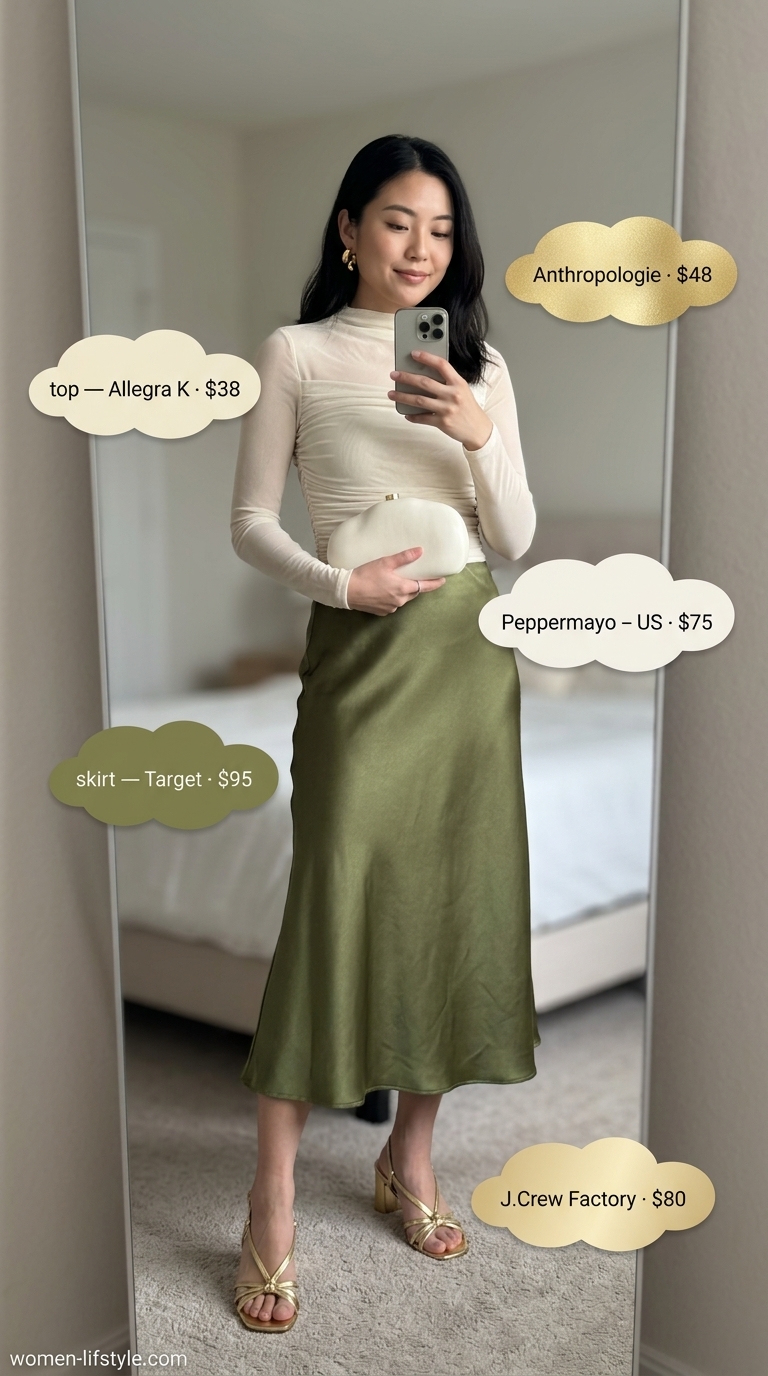 Trendy summer tops outfit for women 2026: Sheer mesh top with olive green slip skirt for an artsy gallery look.