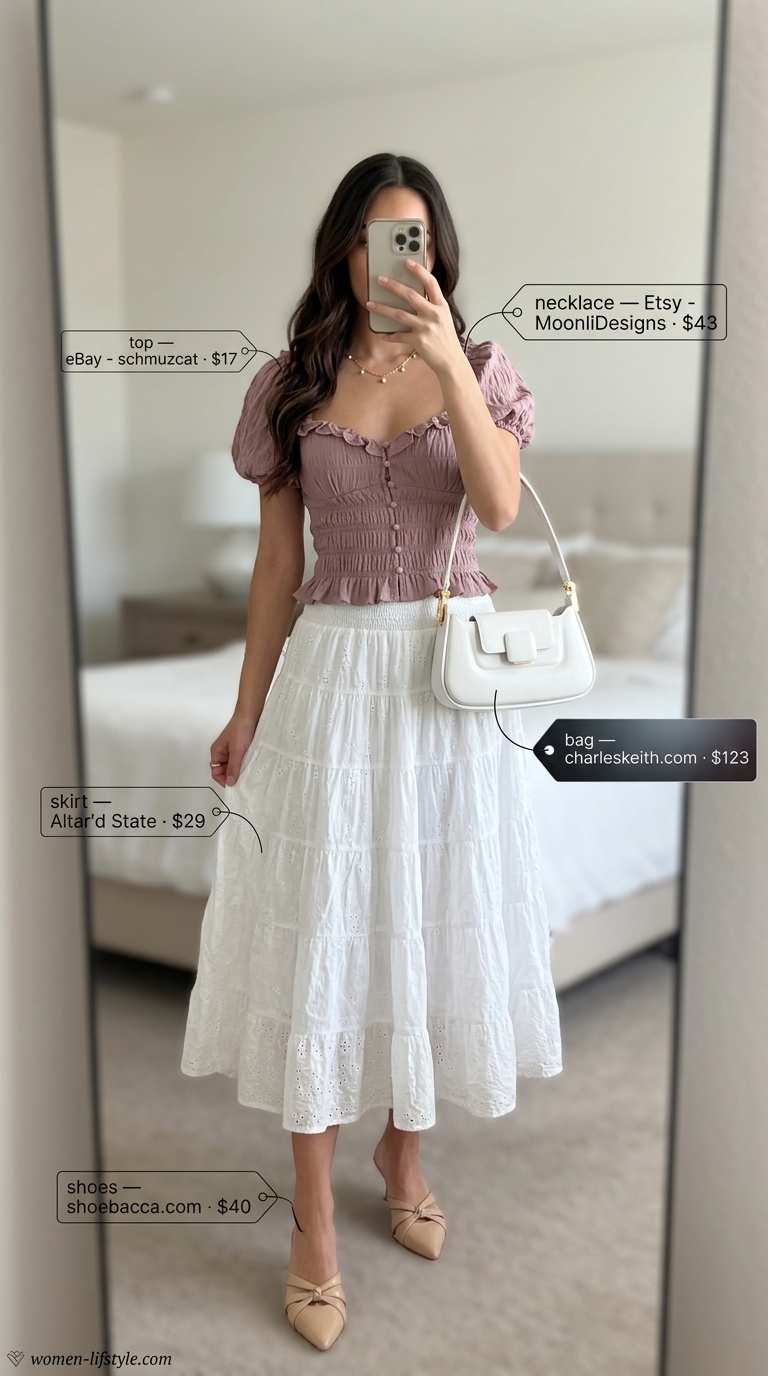 Trendy summer tops outfit for women 2026: Puff-sleeve blouse with flowy white midi skirt, block heels, and gold pearl necklace.