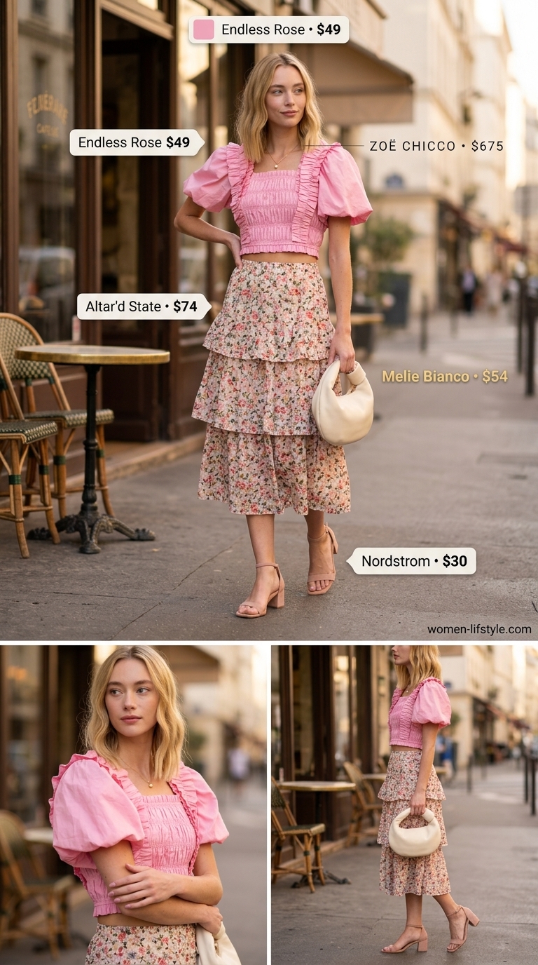Trendy summer tops outfit for women 2026: Blush pink puff-sleeve top with floral midi skirt for a garden party.