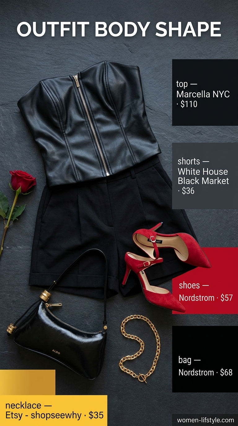 Trendy summer tops outfit for women 2026: Black corset top with red shorts for a glamorous night out.