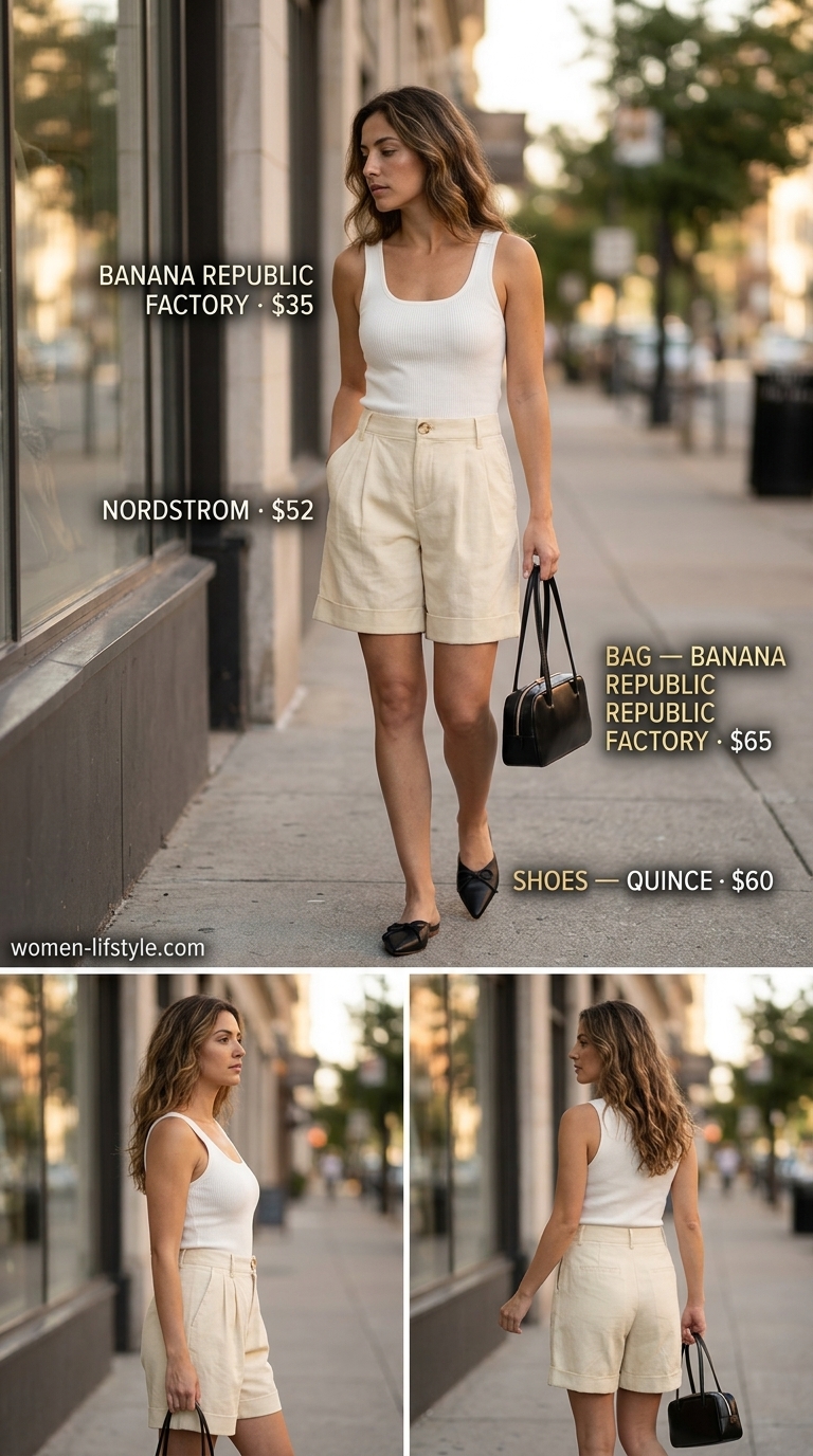 Trendy summer tops outfit for women 2026: Black knit tank with beige linen shorts, perfect for gallery openings or city exploration.