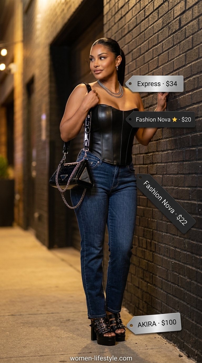 Night Out Rebel outfit with a black faux leather corset top, dark wash denim jeans, and silver layered necklaces. Trendy summer tops outfit for women 2026.
