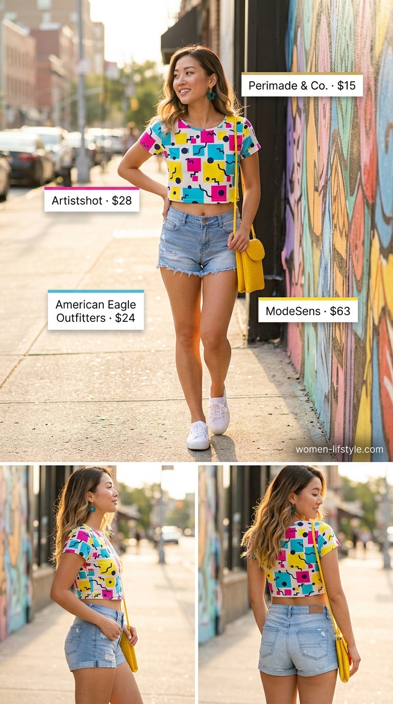 Trendy summer tops outfit for women 2026: Multicolor abstract crop top with distressed denim shorts, white sneakers, and yellow bag.