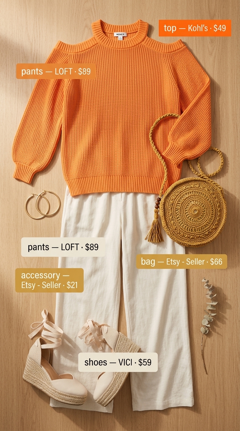 Trendy summer tops outfit for women 2026: Bright orange halter top with palazzo pants for a retro summer vibe.