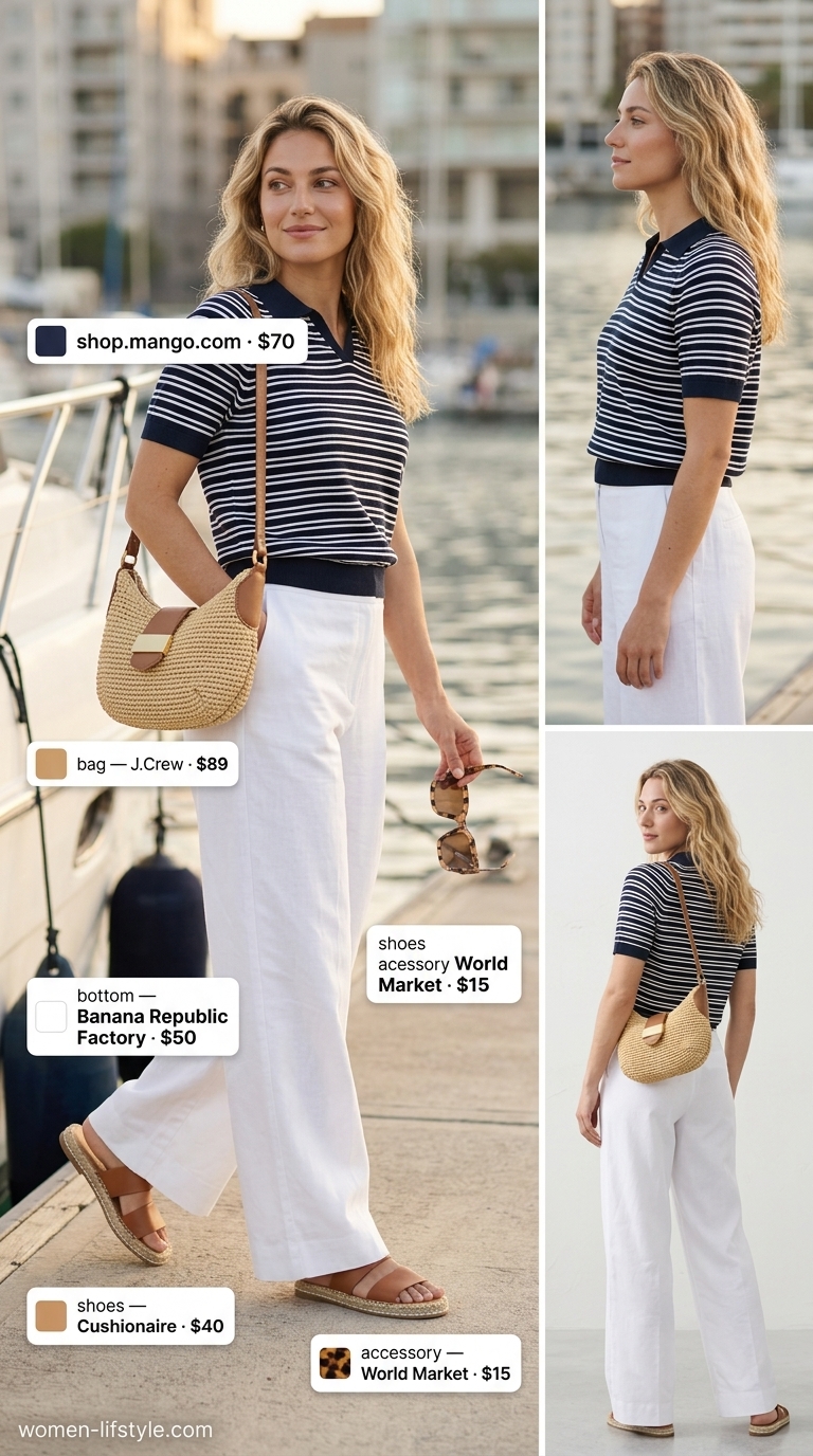 Trendy summer tops outfit for women 2026: Navy and white striped polo with linen trousers for Riviera chic.