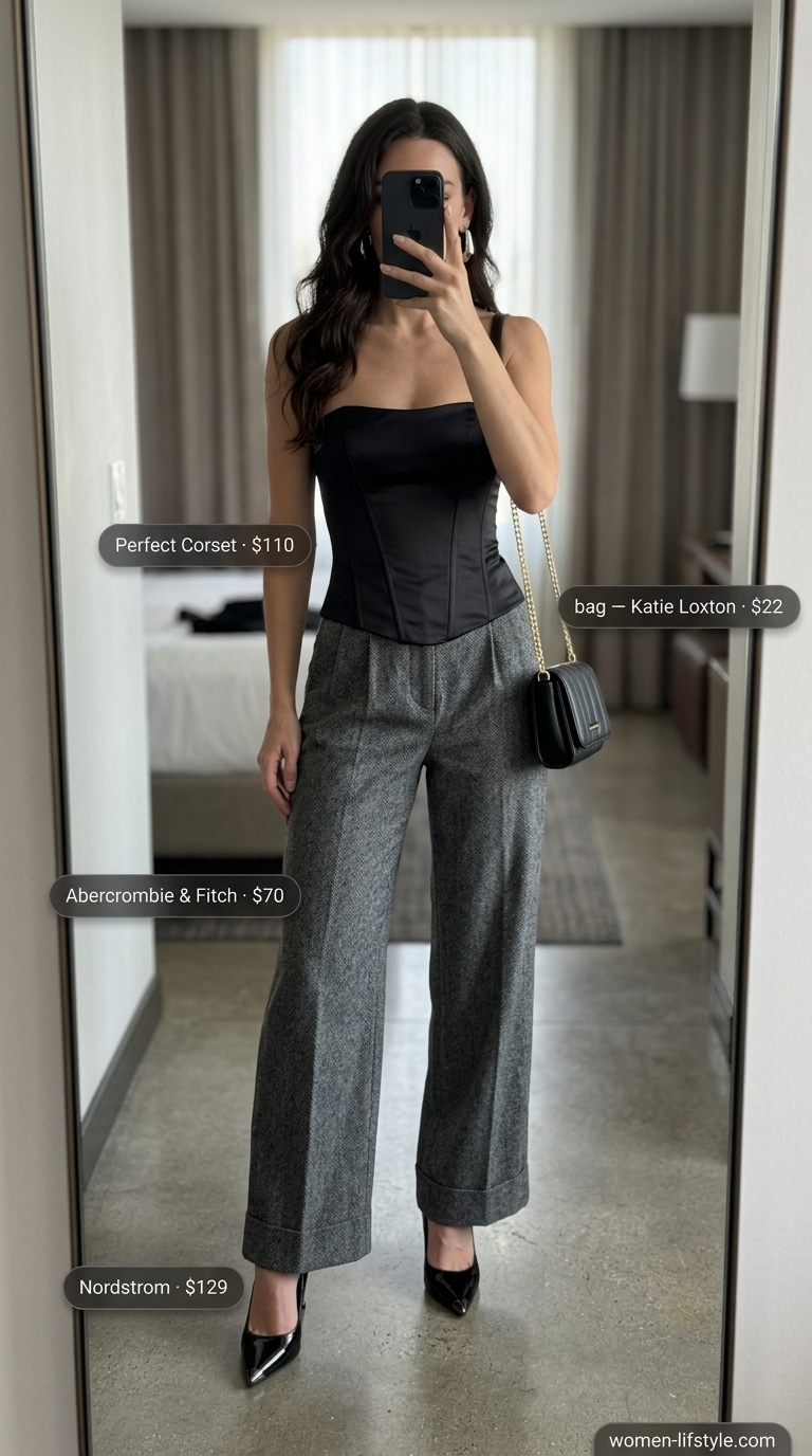 Trendy summer tops outfit for women 2026: Corset bustier top with wide-leg trousers, stiletto heels, and silver statement earrings.